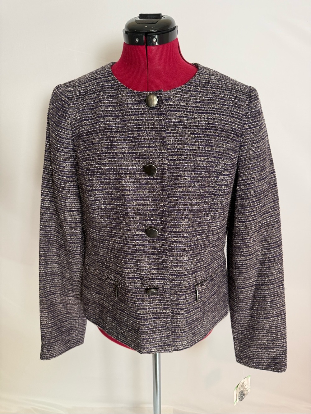 NWT Kasper Blazer Women's Size 8 Purple-Gray Tweed Four-Button Jacket